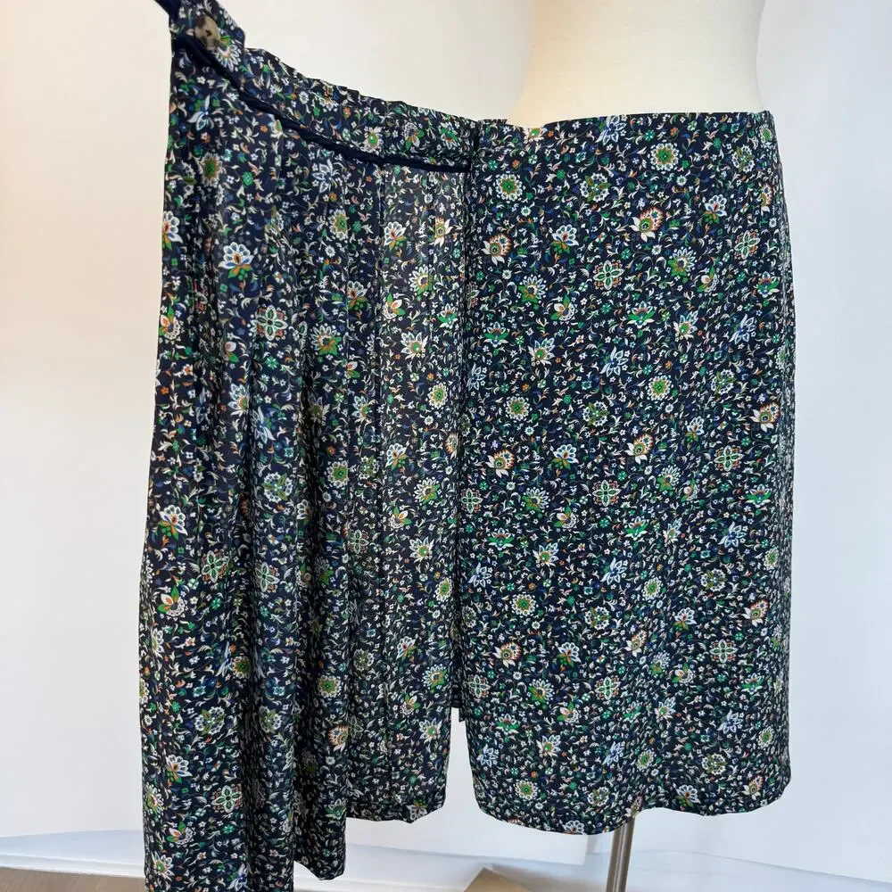 Tory Burch Silk Pleated Wrap Midi Skirt Navy Floral Multicolor Size 6